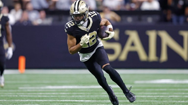 New Orleans Saints wide receiver Chris Olave (12) during an NFL football game against the Detroit Lions, Sunday, Dec. 3, 2023, in New Orleans. (AP Photo/Tyler Kaufman)