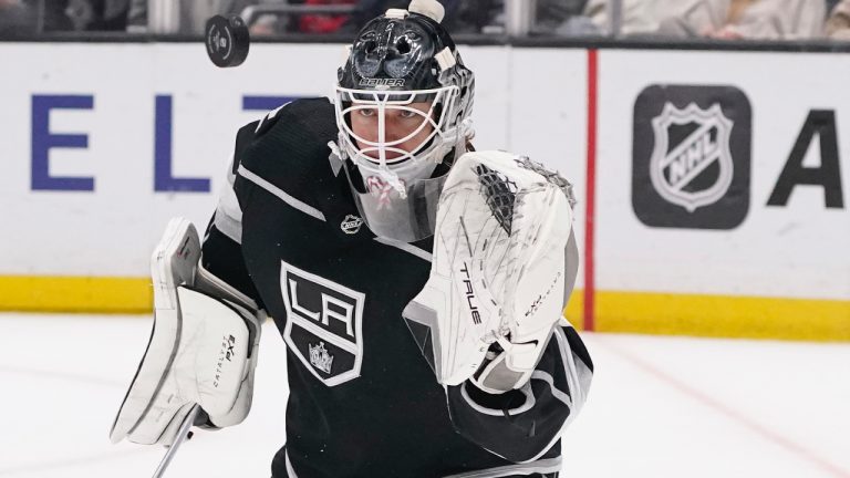 Los Angeles Kings goaltender Pheonix Copley stops a shot during the first period of an NHL hockey game against the Nashville Predators Saturday, March 11, 2023, in Los Angeles. (Marcio Jose Sanchez/AP)