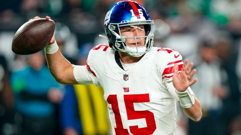 New York Giants quarterback Tommy DeVito against the Philadelphia Eagles during the first half of an NFL football game Monday, Dec. 25, 2023, in Philadelphia. (Chris Szagola/AP)