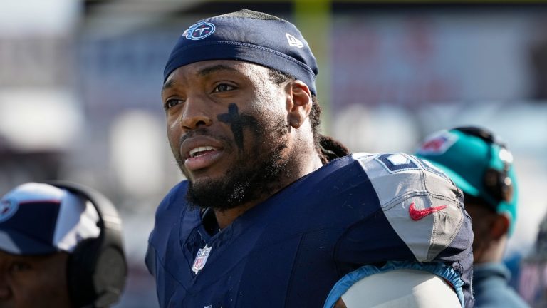 Tennessee Titans running back Derrick Henry during the first half of an NFL football game against the Indianapolis Colts, Sunday, Dec. 3, 2023, in Nashville, Tenn. (George Walker IV/AP)