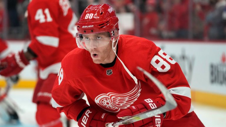 Detroit Red Wings' Patrick Kane (88) skates during warms up before an NHL hockey game against the San Jose Sharks, Thursday, Dec. 7, 2023, in Detroit. (Paul Sancya/AP)