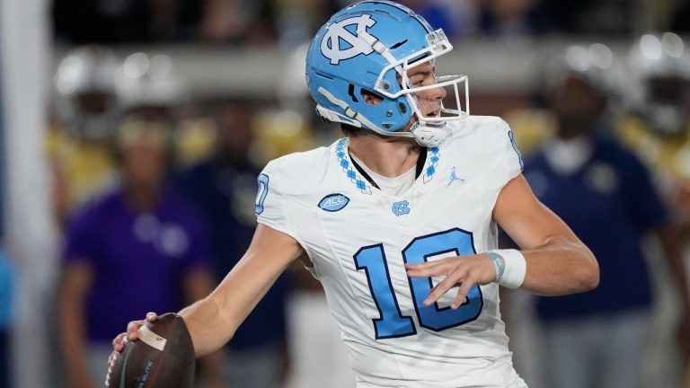 North Carolina quarterback Drake Maye (10) throws deep against Georgia Tech during the first half of an NCAA college football game, Saturday, Oct. 28, 2023, in Atlanta. (John Bzemore/AP)