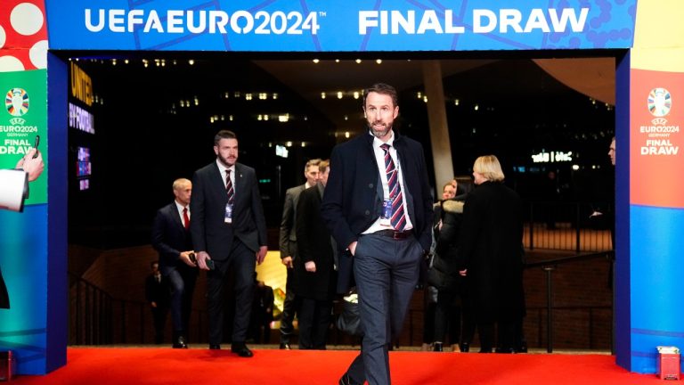 England's head coach Gareth Southgate arrives for the draw for the UEFA Euro 2024 soccer tournament finals in Hamburg, Germany, Saturday, Dec. 2, 2023. (Martin Meissner/AP)