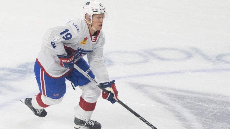 Laval Rocket's Emil Heineman skates during AHL hockey action in Laval, Que., Friday Oct. 13, 2023. (Christinne Muschi/CP)