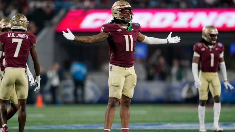 Florida State defensive lineman Patrick Payton reacts after a play during the second half of the team's Atlantic Coast Conference championship NCAA college football game against Louisville, Saturday, Dec. 2, 2023, in Charlotte, N.C. (Erik Verduzco/AP)