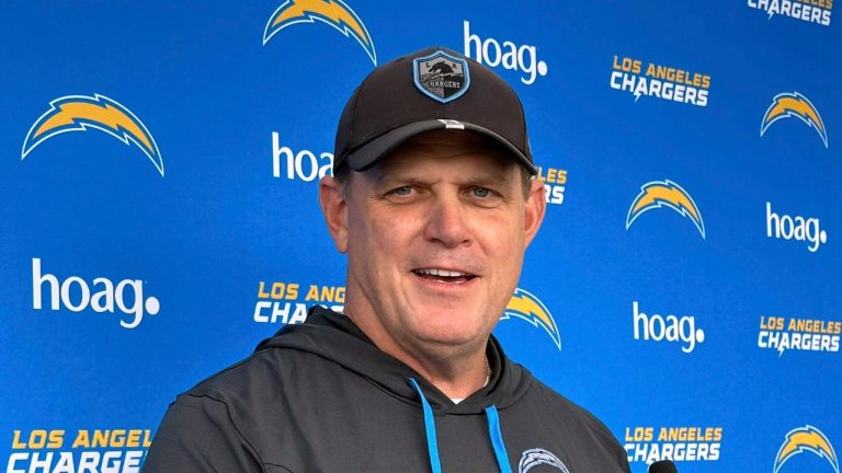 Los Angeles Chargers interim coach Giff Smith talks to the media after practice on Tuesday, Dec. 19, 2023, at the Chargers Hoag Performance Center in Costa Mesa, Calif. (Joe Reedy/APP Photo)