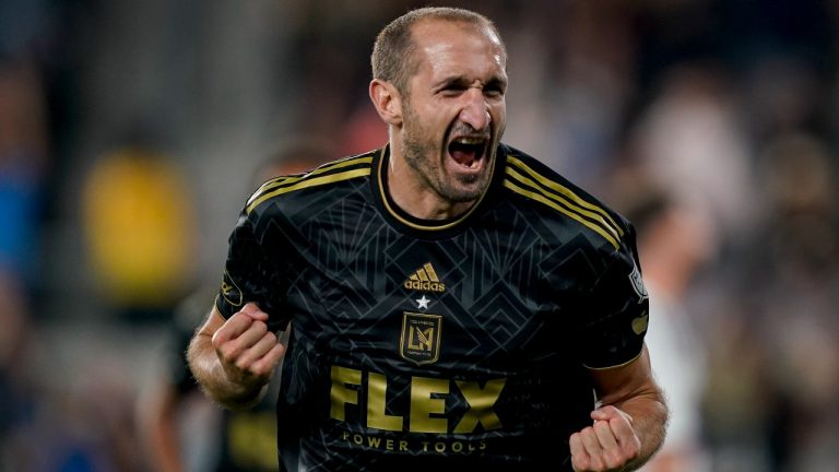 Los Angeles FC defender Giorgio Chiellini reacts after a goal by midfielder Ryan Hollingshead against the Vancouver Whitecaps during the second half of an MLS playoff soccer match Saturday, Oct. 28, 2023, in Los Angeles. (AP Photo/Ryan Sun)