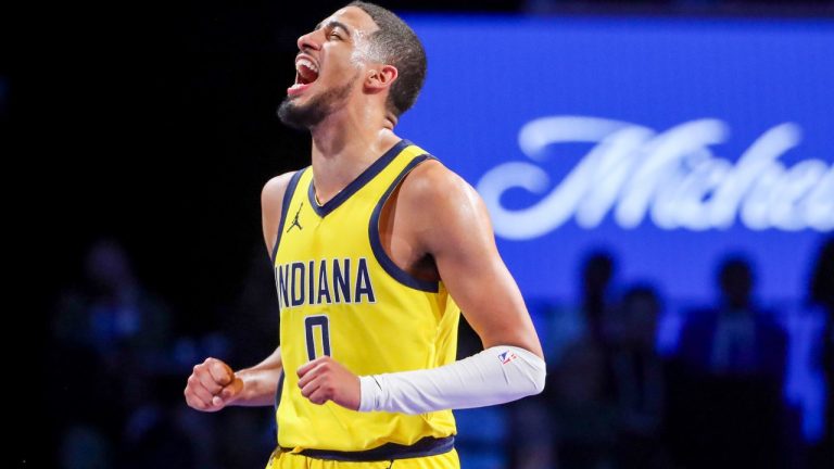 Indiana Pacers guard Tyrese Haliburton (0) yells after a play against the Milwaukee Bucks during the second half of a semifinal in the NBA basketball In-Season Tournament, Thursday, Dec. 7, 2023, in Las Vegas. (Ian Maule/AP)