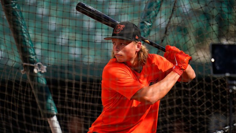 Jackson Holliday, the first overall draft pick by the Baltimore Orioles in the 2022 draft, takes batting practice with the team prior to a baseball game between the Orioles and the Tampa Bay Rays, Wednesday, July 27, 2022, in Baltimore. (Julio Cortez/AP)