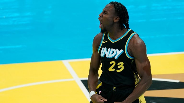 Indiana Pacers' Aaron Nesmith reacts during the second half of an NBA basketball In-Season Tournament game against the Boston Celtics, Monday, Dec. 4, 2023, in Indianapolis. (Darron Cummings/AP Photo)