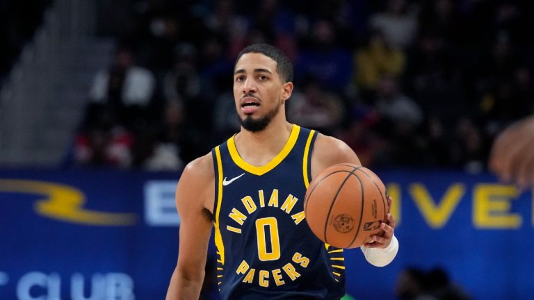 Indiana Pacers guard Tyrese Haliburton plays during the first half of an NBA basketball game, Monday, Dec. 11, 2023, in Detroit. (Carlos Osorio/AP)