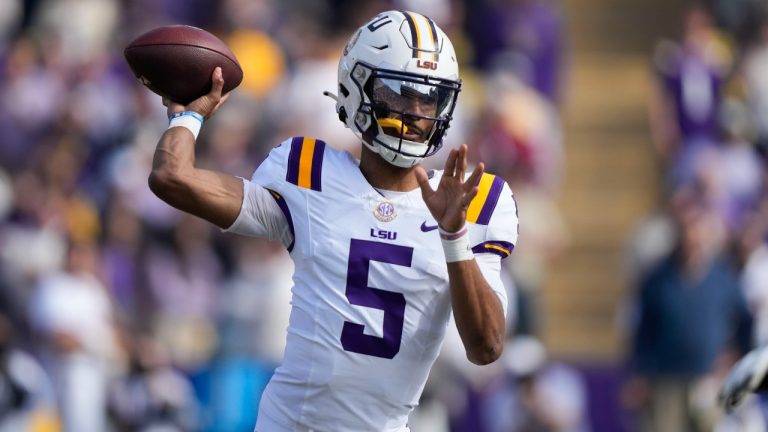 LSU quarterback Jayden Daniels (5) passes in the first half of an NCAA college football game against Texas A&M in Baton Rouge, La., Saturday, Nov. 25, 2023. (Gerald Herbert/AP)