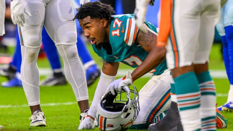 Miami Dolphins wide receiver Jaylen Waddle (17) grimaces in pain as he kneels on the field after being injured during an NFL football game against the Dallas Cowboys, Sunday, Dec 24, 2023, in Miami Gardens, Fla. (AP Photo/Doug Murray)