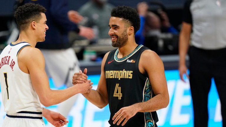 Denver Nuggets forward Michael Porter Jr. greets Memphis Grizzlies forward Jontay Porter after the second half of an NBA basketball game Monday, April 26, 2021, in Denver. (David Zalubowski/AP Photo)