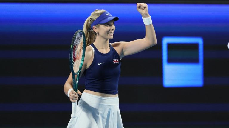 Katie Boulter of Great Britain celebrates winning her match against Ajla Tomljanovic of Australia during the United Cup tennis tournament in Perth, Australia, Friday, Dec. 29, 2023. (AP Photo/Trevor Collens)