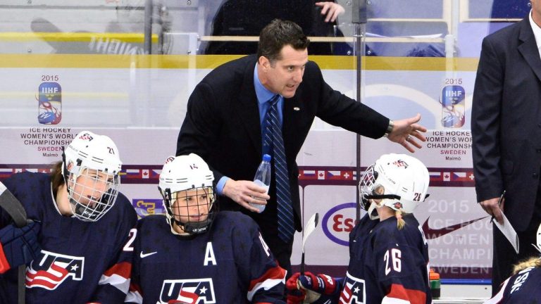 US coach Ken Klee gestures, during the Women's Hockey World Championship group A match between the USA and Canada, at Malmo Isstadion, in Malmo, Sweden, Saturday, March 28, 2015. (Claudio Bresciani/AP Photo)