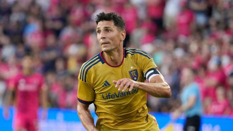 Real Salt Lake's Damir Kreilach in action during the first half of an MLS soccer match against St. Louis City Wednesday, June 21, 2023, in St. Louis. (Jeff Roberson/AP Photo)