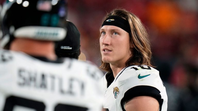 Jacksonville Jaguars quarterback Trevor Lawrence paces in the bench area after he was injured during the second half of an NFL football game against the Tampa Bay Buccaneers Sunday, Dec. 24, 2023, in Tampa, Fla. (Chris O'Meara/AP Photo)