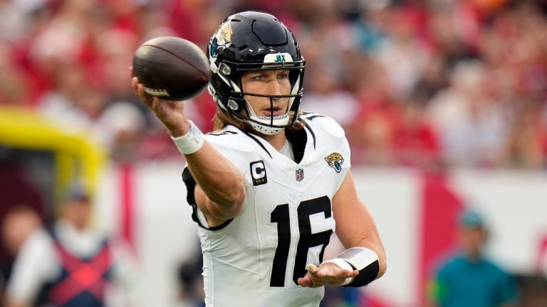 Jacksonville Jaguars quarterback Trevor Lawrence throws a pass against the Tampa Bay Buccaneers during the first half of an NFL football game Sunday, Dec. 24, 2023, in Tampa, Fla. (Chris O'Meara/AP Photo)