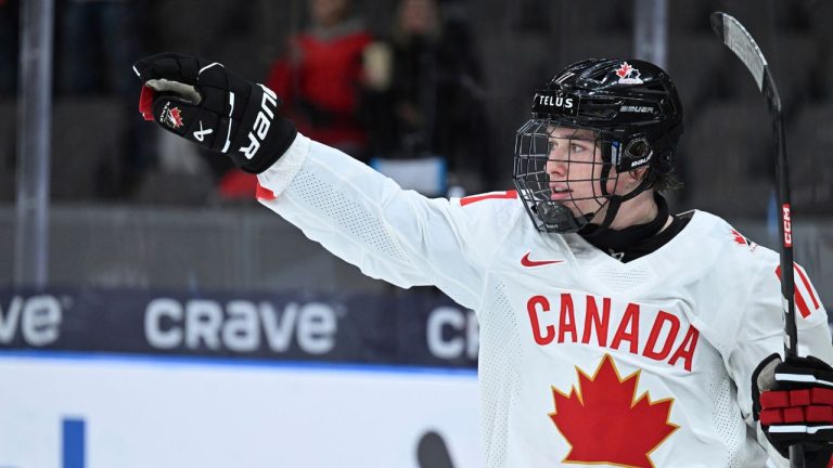 Canada's Macklin Celebrini celebrates scoring during the IIHF World Junior Championship hockey match between Latvia and Canada at Scandinavium in Gothenburg, Sweden, Wednesday, Dec. 27, 2023. (Bjorn Larsson Rosvall/TT News Agency via AP)