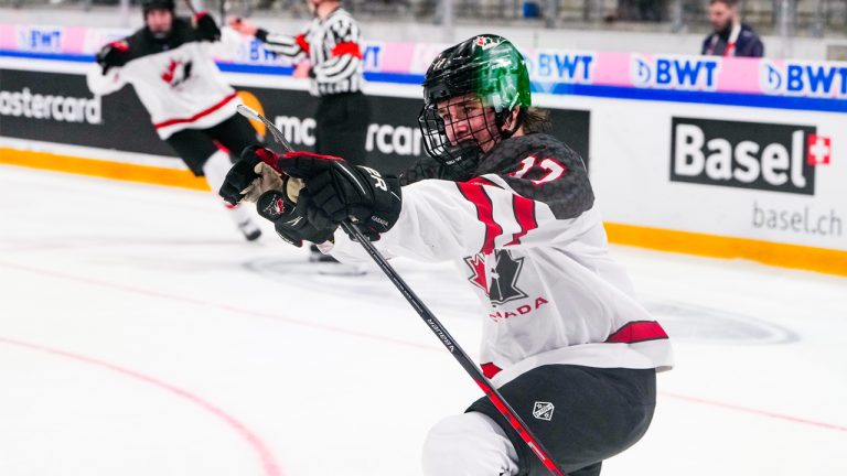 Team Canada's Macklin Celebrini celebrates an OT winner against Slovakia at the U-18 world championships in April 2023. (Photo by Jari Pestelacci/Eurasia Sport Images/Getty Images)