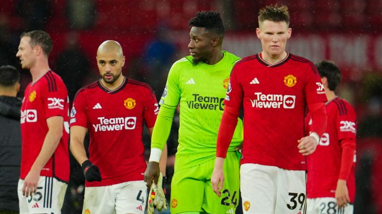 Manchester United players walk on the pitch at the end of the English Premier League soccer match between Manchester United and Bournemouth at the Old Trafford stadium in Manchester, England, Saturday, Dec. 9, 2023. (Jon Super/AP Photo)