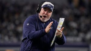 Dallas Cowboys head coach Mike McCarthy reacts on the sideline during the first half of an NFL football game against the Washington Commanders Thursday, Nov. 23, 2023, in Arlington, Texas. (Sam Hodde/AP)