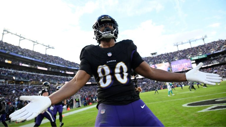 Baltimore Ravens tight end Isaiah Likely celebrates his touchdown against the Miami Dolphins during the first half of an NFL football game in Baltimore, Sunday, Dec. 31, 2023. (Nick Wass/AP Photo)