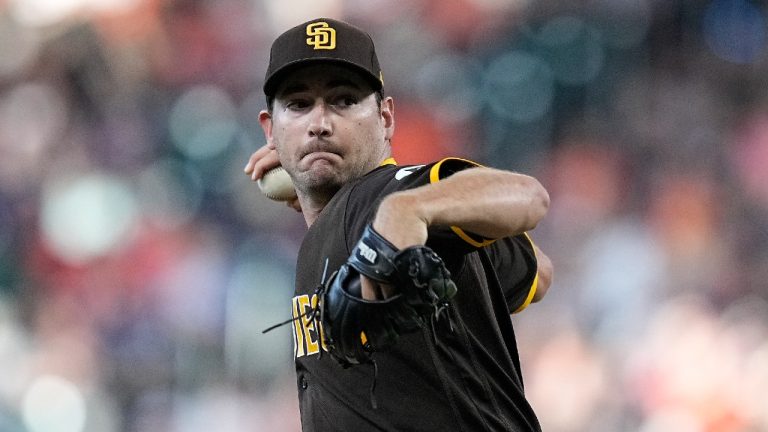 San Diego Padres starting pitcher Seth Lugo delivers during the first inning of a baseball game against the Houston Astros, Saturday, Sept. 9, 2023, in Houston. (Kevin M. Cox/AP)