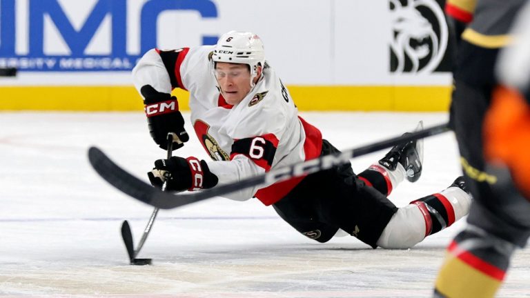 Ottawa Senators defenseman Jakob Chychrun (6) dives for the puck during the first period of an NHL hockey game against the Vegas Golden Knights, Sunday, Dec. 17, 2023, in Las Vegas. (Steve Marcus/AP)