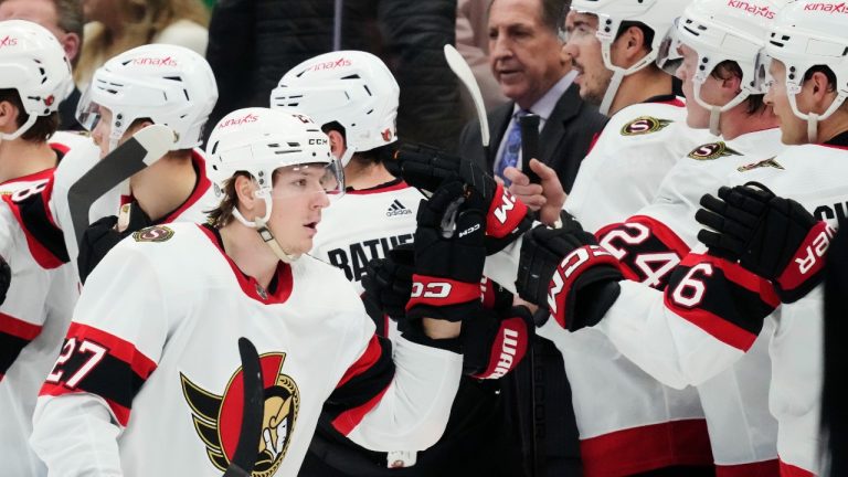 Ottawa Senators' Parker Kelly (27) celebrates his goal against the Toronto Maple Leafs during second period NHL hockey action in Toronto. (Frank Gunn/CP)