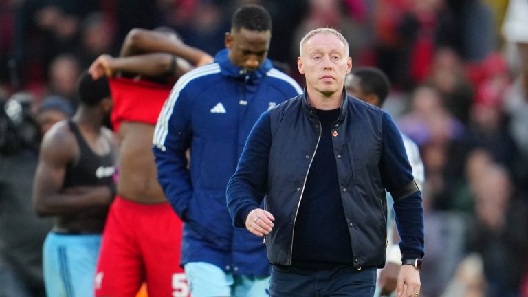 Nottingham Forest's head coach Steve Cooper leaves the field at the end of the English Premier League soccer match between Liverpool and Nottingham Forest, at Anfield in Liverpool, England, Sunday, Oct. 29, 2023. (AP Photo/Jon Super)