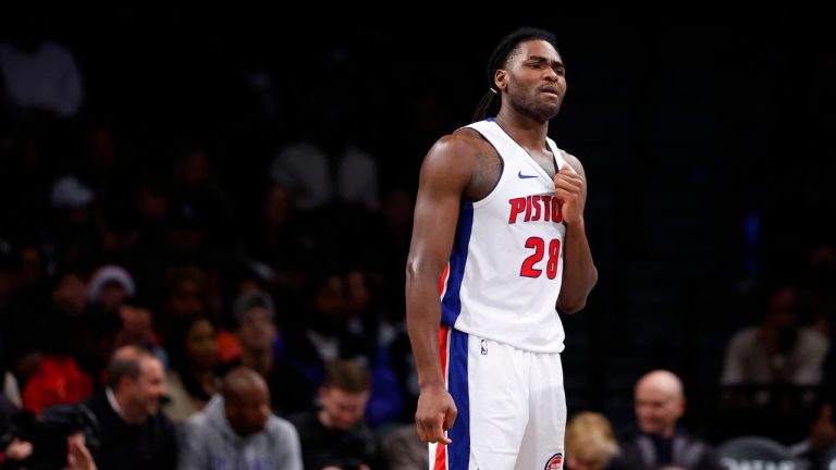 Detroit Pistons centre Isaiah Stewart reacts after committing a foul against the Brooklyn Nets during the second half of an NBA basketball game, Saturday, Dec. 23, 2023, in New York. (Noah K. Murray/AP Photo)