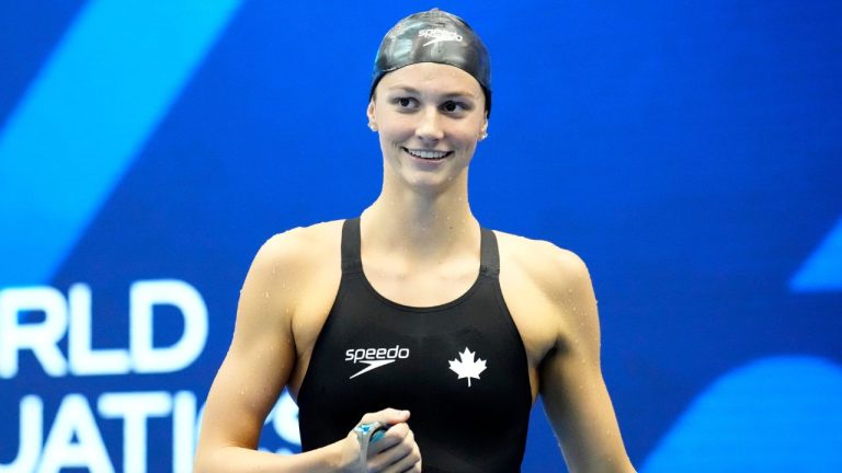 Canada's Summer McIntosh reacts after winning the women's 200m butterfly final at the World Swimming Championships in Fukuoka, Japan, Thursday, July 27, 2023. (Eugene Hoshiko/AP Photo)