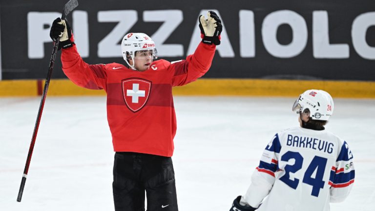 Switzerland's Jonas Taibel celebrates scoring during the IIHF World Junior Championship group B ice hockey match between Switzerland and Norway at Frolundaborg arena in Gothenburg, Sweden, Saturday Dec. 30, 2023. (Bjorn Larsson Rosvall/TT News Agency via AP)