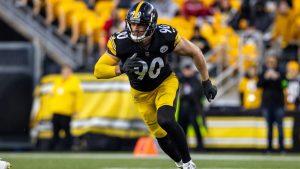 Pittsburgh Steelers linebacker T.J. Watt (90) defends during an NFL football game, Sunday, Dec. 3, 2023, in Pittsburgh. (AP Photo/Matt Durisko)