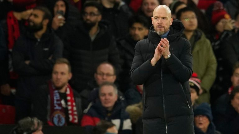 Manchester United's head coach Erik ten Hag reacts during the English Premier League soccer match between Manchester United and Aston Villa at the Old Trafford stadium in Manchester, England, Tuesday, Dec. 26, 2023. (Dave Thompson/AP Photo)