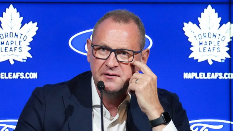 Toronto Maple Leafs new general manager Brad Treliving speaks to the media during the opening day of their NHL training camp in Toronto, Wednesday, Sept. 20, 2023. (Nathan Denette/CP)