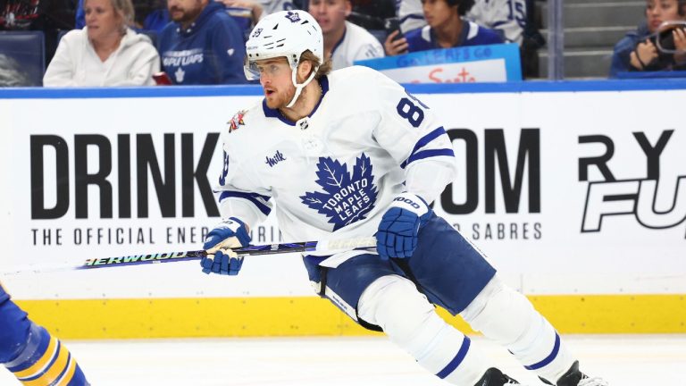 Toronto Maple Leafs right wing William Nylander (88) skates during the first period of an NHL hockey game against the Buffalo Sabres Thursday, Dec. 21, 2023, in Buffalo, N.Y. (Jeffrey T. Barnes/AP)