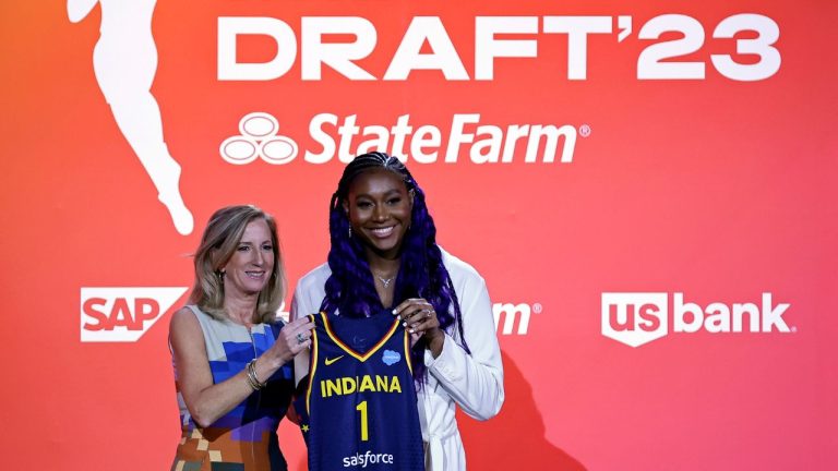 South Carolina's Aliyah Boston poses for a photo with commissioner Cathy Engelbert after the Indiana Fever selected her first overall at the WNBA basketball draft Monday, April 10, 2023, in New York. (Adam Hunger/AP Photo)