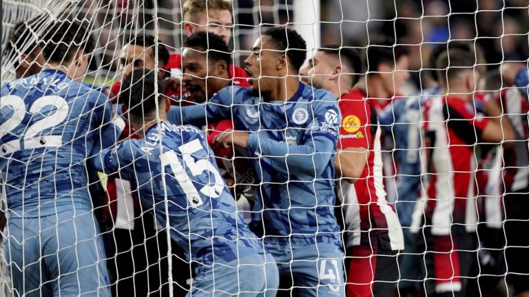 Tempers flare after Aston Villa's Ollie Watkins scores his side's second goal of the game, during the English Premier League soccer match between Brentford and Aston Villa at the Gtech Community Stadium, in London, Sunday, Dec. 17, 2023. (Jonathan Brady/PA via AP)