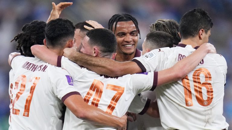 Manchester City players Celebrate after Mateo Kovacic scored their second goal during the Soccer Club World Cup semifinal soccer match between Urawa Reds and Manchester City FC at King Abdullah Sports City Stadium in Jeddah, Saudi Arabia, Tuesday, Dec. 19, 2023. (Manu Fernandez/AP)