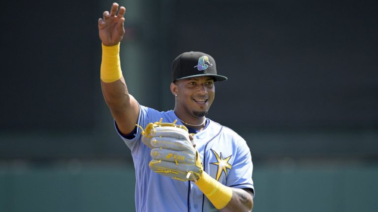 FILE - Tampa Bay Rays' Wander Franco warms up before a spring training baseball game against the New York Yankees, Tuesday, Feb. 28, 2023, in Kissimmee, Fla.  (Phelan M. Ebenhack/AP)