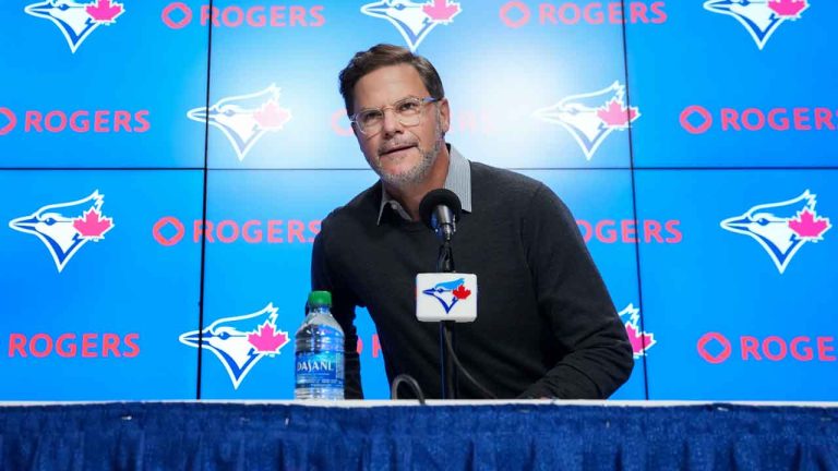 Ross Atkins, Toronto Blue Jays general manager, speaks to the media at the year end press conference, after being swept by the Seattle Mariners in the American League wild card playoff series, in Toronto. (Nathan Denette/THE CANADIAN PRESS)