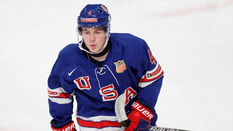 Gavin Brindley of the USA celebrates scoring, during the IIHF World Junior Championship group B ice hockey match between USA and Norway at Frolundaborg in Gothenburg, Sweden, Tuesday, Dec. 26, 2023. (Adam Ihse /TT News Agency via AP)