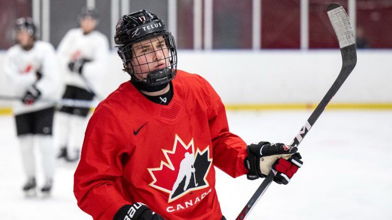 Macklin Celebrini in action during Canada's team training in Limhamns Ice Hall in Malmo, Sweden, Monday, Dec. 18, 2023, ahead of the JVM (2024 IIHF Junior WC). (Johan Nilsson/TT News Agency via AP)