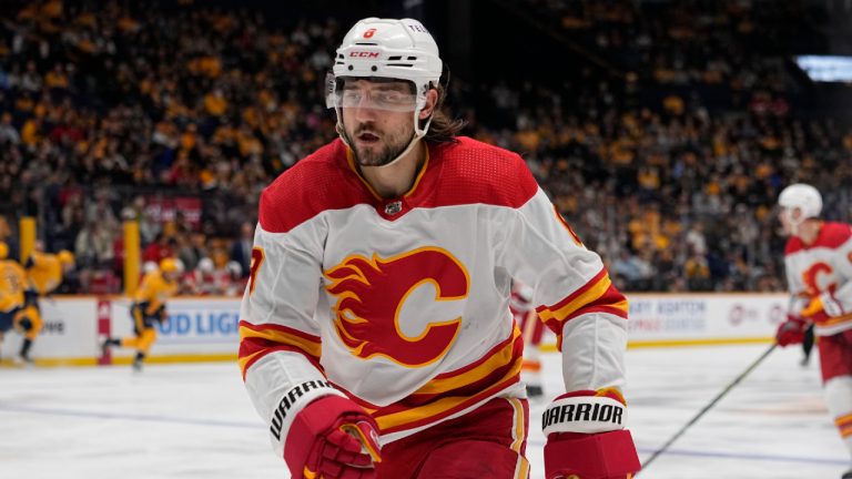 Calgary Flames defenseman Chris Tanev plays against the Nashville Predators during the second period of an NHL hockey game Wednesday, Nov. 22, 2023, in Nashville, Tenn. (George Walker IV/AP)