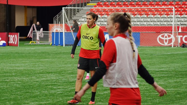 Canada's Christine Sinclair, left, practices with teammates ahead of Tuesday's friendly match against Australia in Vancouver on Sunday, December 3, 2023. (Neil Davidson/CP)