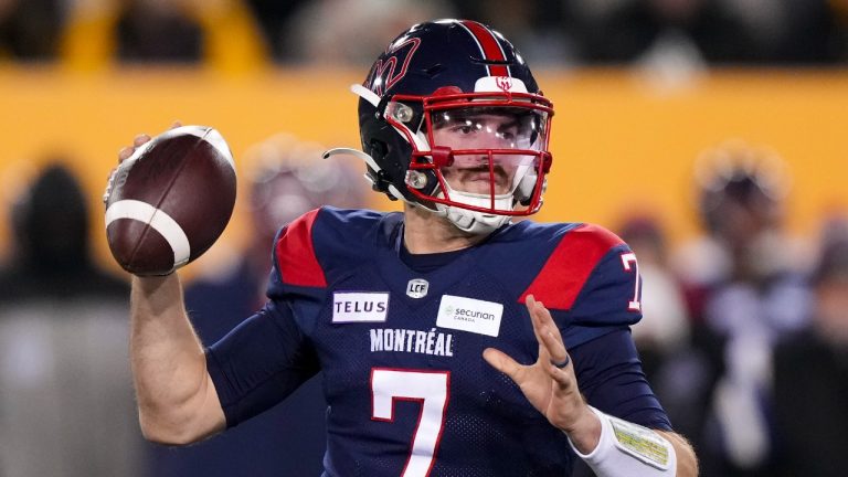 Montreal Alouettes quarterback Cody Fajardo (7) looks to throw the ball against the Winnipeg Blue Bombers during the first half of football action at the 110th CFL Grey Cup in Hamilton, Ont., on Sunday, November 19, 2023. (Nathan Denette/CP)