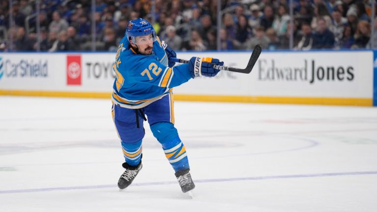 St. Louis Blues' Justin Faulk in action during the second period of an NHL hockey game against the Dallas Stars Saturday, Dec. 16, 2023, in St. Louis. (Jeff Roberson/AP)